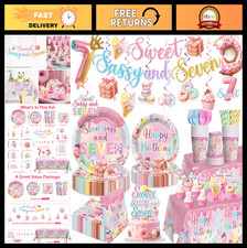 200pcs 7th Birthday Decorations for Girls - Paper Tableware Set, Banner, Plates