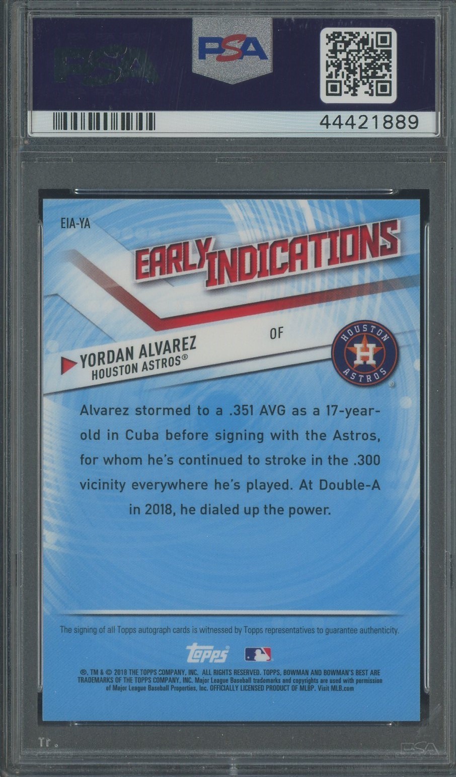 2018 Bowman's Best Early Indications Yordan Alvarez RC Rookie AUTO /100 PSA 10 view 2