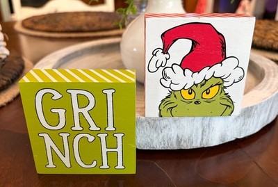 2 Grinch Wooden Tabletop Blocks Christmas Holiday Decorations 4'' x 4'' U55