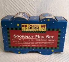 Sakura Debbie Mumm Snowman Mug Set of 4 12oz Ceramic Christmas Mugs NOS