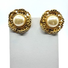 Vintage Retro Gold Tone Twisted Rope Faux Pearl Clip-On Statement Earrings