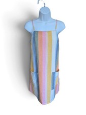 Billabong Straight Round Striped Linen Blend Apron Dress Small Pockets Beach S