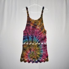 Vtg Rainbow Crochet Mini Dress Small Sheer Festival Boho Grunge Forest Fairy