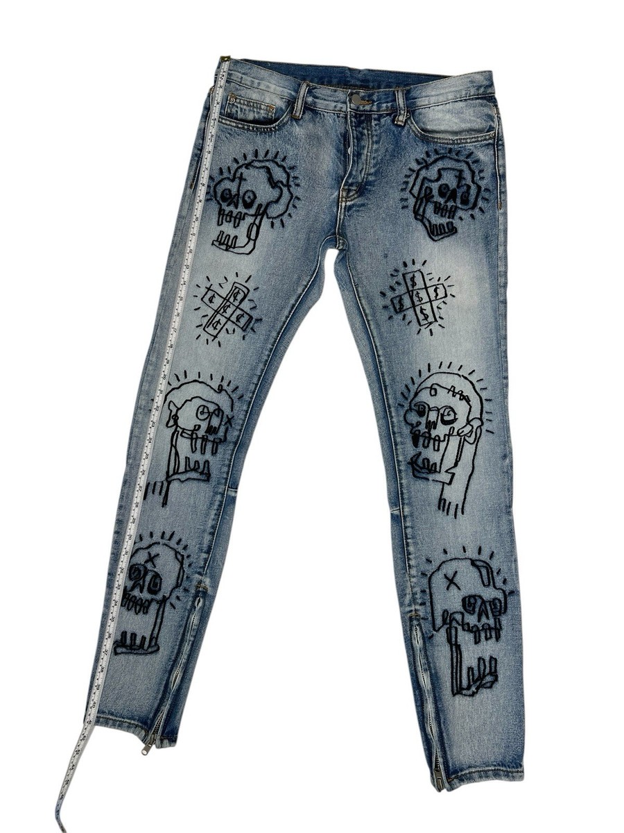 Mens MNML Skinny Denim Jeans 32 RN139488 Embroidered Skull