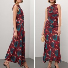 Ulla Johnson Livia ruched Abstract Print Lyocell Midi Dress Burgundy Teal L