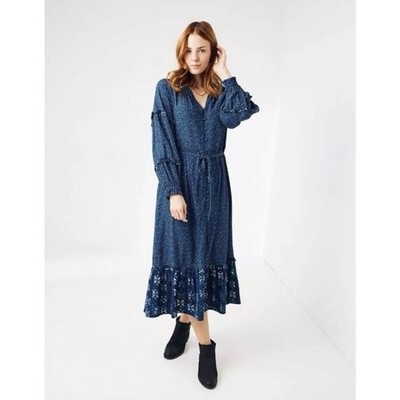 Fat Face Blue Indigo Floral Tiered Long Sleeve Woodblock Boho Peasant Midi Dres