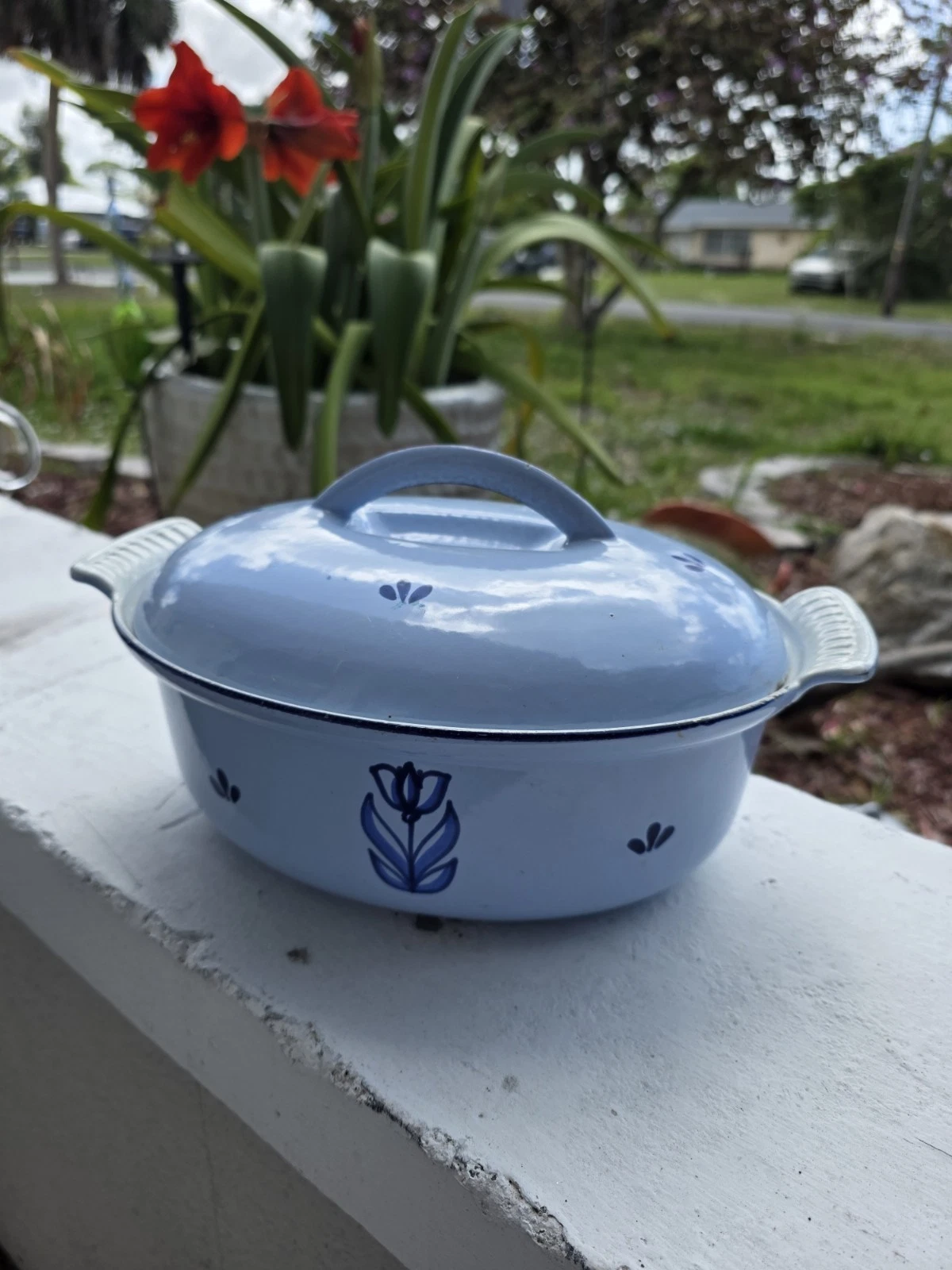 Vintage DRU Blue Tulip Enamel Cast Iron 2 To 3 Qt Dutch Oven w/lid Holland