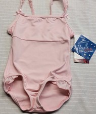 Motionwear Camisole Leotard Pink Ruffled Neck Small Satin Bows Mesh Back SZ IC