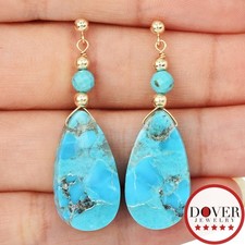 Estate Turquoise 14K Yellow Gold Pear Dangle Drop Earrings 4.7 Grams NR