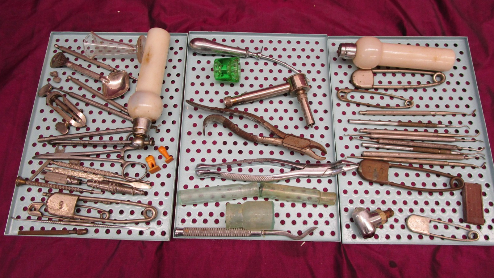 Large lot of antique Dental tools implements, jars, etc with trays