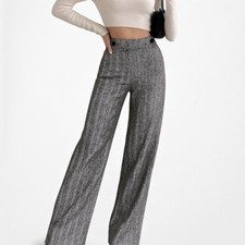 Vintage Y2K Gray Wool Blend Tweed Style Wide Leg Petite Dress Pants Size M