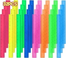 12 Inch Plastic Rulers, 32 Pack Assorted Colors Transparent Ruler Bulk, Metri...