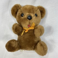 Vintage Brown Teddy Bear Plush Jingle Rattle Belly Orange Bow Koram Korea 9"