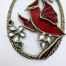 VTG Stained Glass Suncatcher Red Cardinal White Flowers 3D Handmade Oval Oo