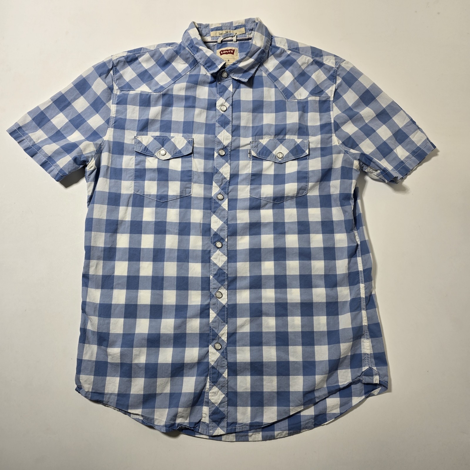 Levis Pearl Snap Shirt Mens Large Short Sleeve Blue Plaid Western Yolk