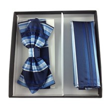Men's Navy Blue Striped Bow Tie  Pocket Square Set Formal Wedding Tux Accessory