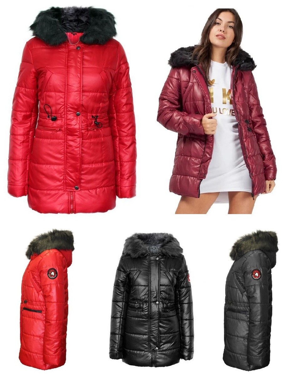 Ladies Women's Long Quilted Faux Fur Padded Hooded Jacket Coat