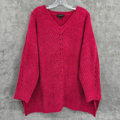 Lane Bryant Pointelle Knit Sweater 22 24 Red V Neck Oversize Cozy Side Slit Boxy