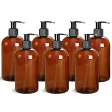 16oz Empty Plastic Bottles Amber 7pcs with Lotion Pump or Shampoo, Lotions