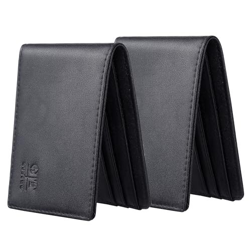 Slim Minimalist Front Pocket Wallet for Men - Genuine Leather ID Holder Black Dark 2 Pack