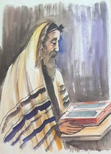 Watercolor on Paper, Praying Jew, Signed. Talit, Tfilin