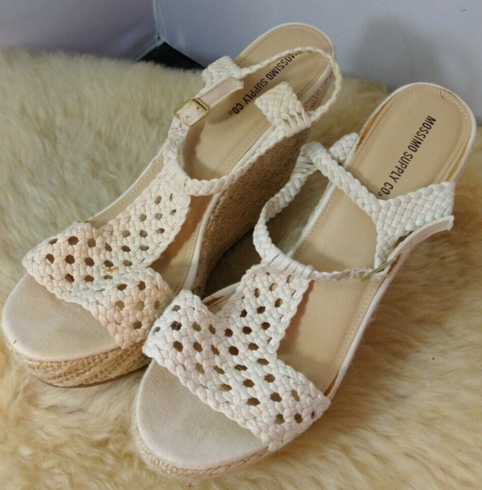 SANDALIAS PLATAFORMA MUJER MOSSIMO TACÓN CUÑA CON MALLA TELA TALLA 9 BEIGE