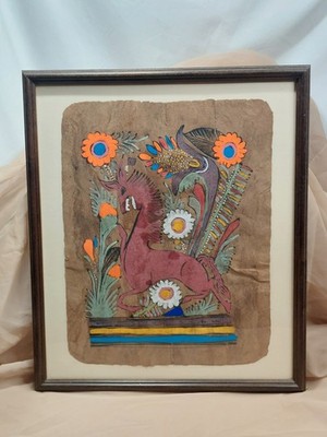 Vintage Amate Bark Painting Mexico Folk Art Mythical Horse Flower Vibrant Colors