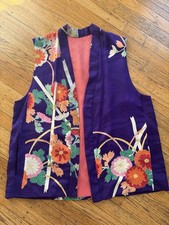 Vintage Japanese Silk Kimono Vest Haori Purple Floral Crane Textured