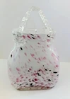 Art Glass Purse Vase Murano Style Black And Pink Splatter Clear Glass Handles