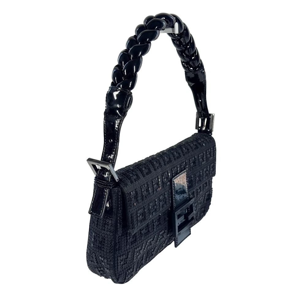 Fendi Black Patent Leather Zucca Monogram Sequin Shoulder Baguette Bag - Image 3 of 4