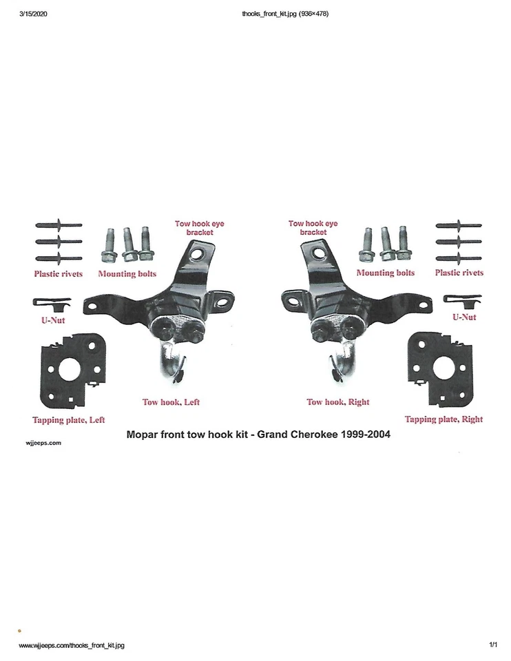 Ganchos de remolque delanteros Jeep Grand Cherokee 1999-2004 accesorios de montaje OEM Foto 2 de 2