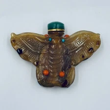 Asian Figural Butterfly Snuff Bottle Vtg Glass Jade Top Coral & Turquoise Colors