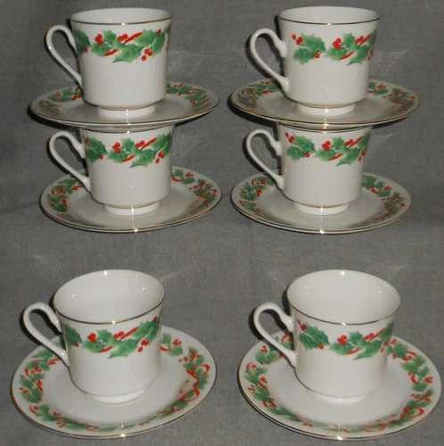 1990 Set (6) Sango NOEL PATTERN Cups & Saucers CHRISTMAS - HOLIDAY