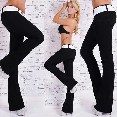 Damen Hüft Jeans Hose Schlag Schlaghose BootCut Denim schwarz Stretch Gürtel - Bild 1 von 4