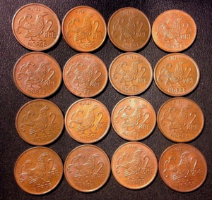 Vintage Norway Coin Lot - 2 Ore - MOOR HEN SERIES - 16 Great Coins - Lot #J24