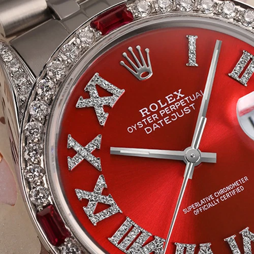 Rolex Datejust 36 mm Red Roman Numeral Diamond Dial Ruby Diamond