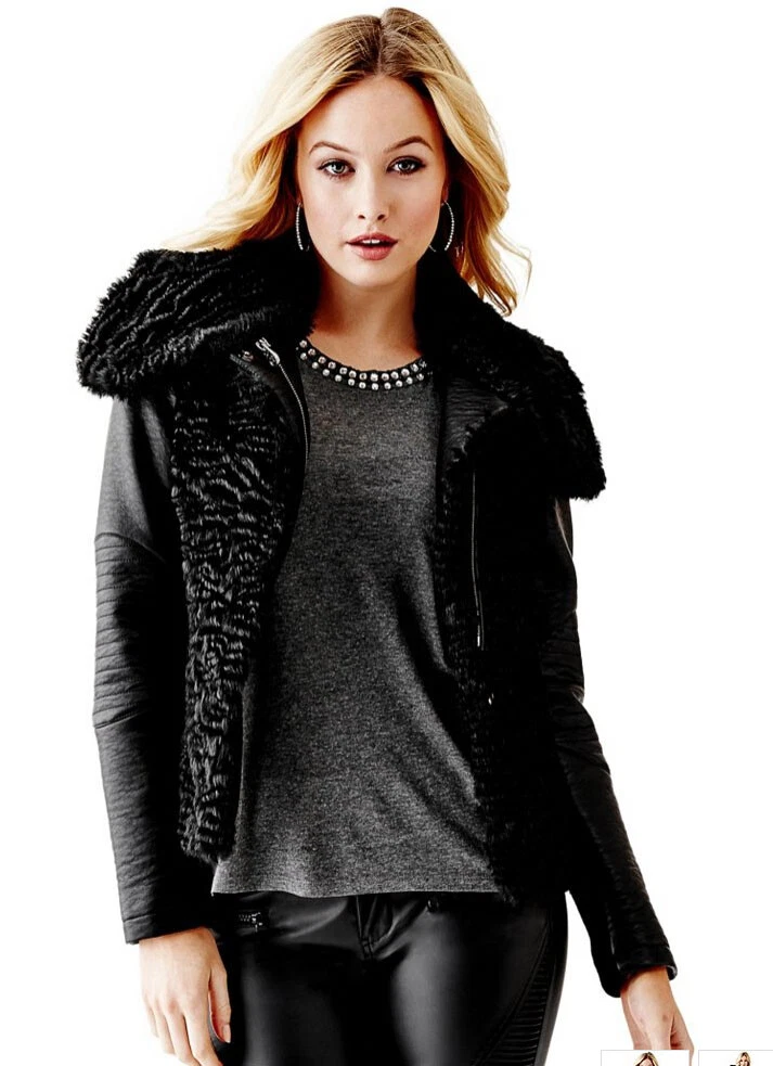 NWT GUESS Contrast Sherpa Textured Faux Fur Jacket Black S 4 5 eBay