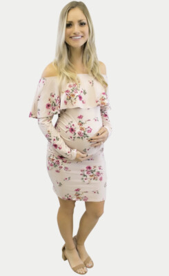 pink floral maternity dress Amber Baby Shower in M Viscose/spandex lining Maternity Dress Women's Off Shoulder