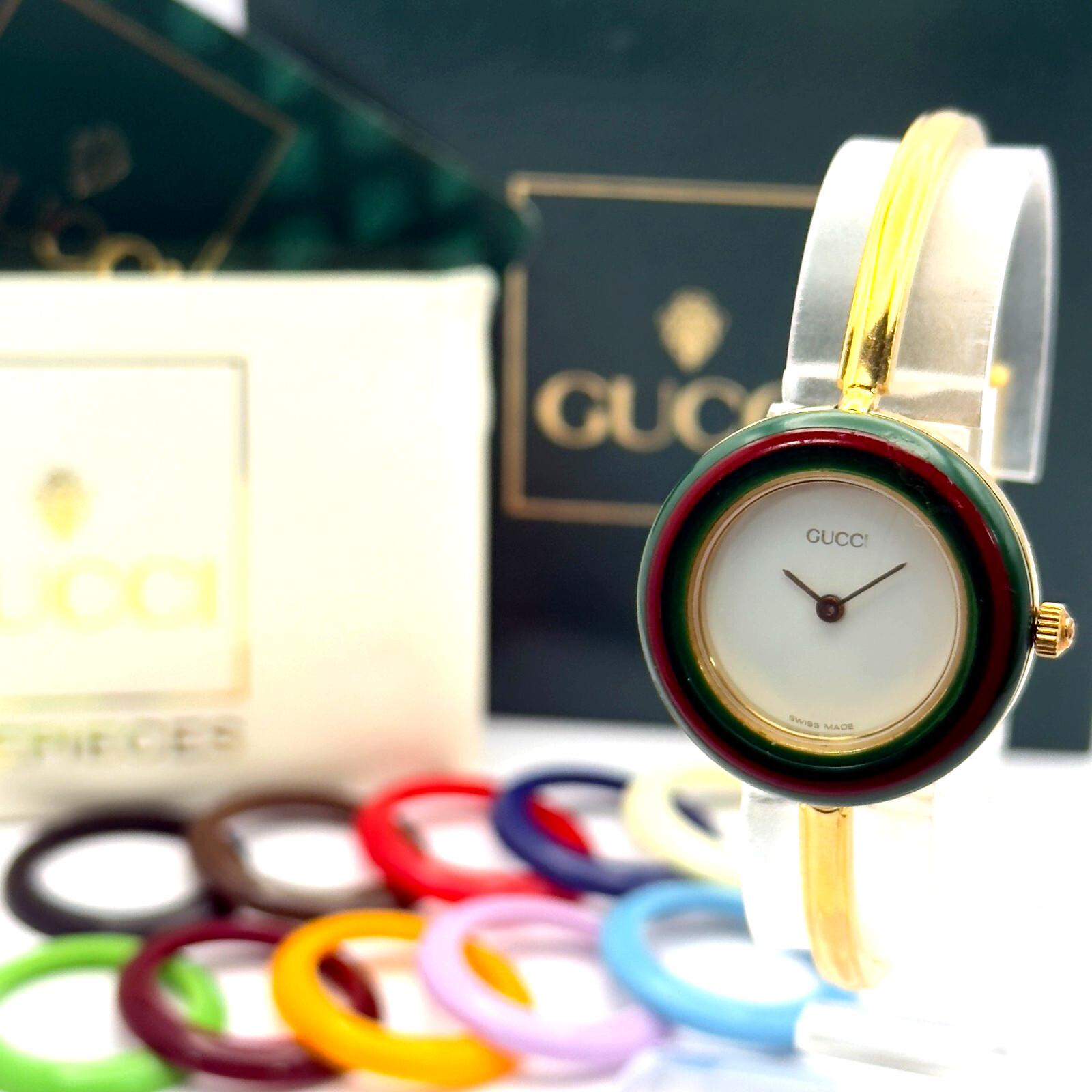 Gucci Change Bisel 12 Colores Blanco/Dorado Cuarzo Chapado CAJA de Trabajo