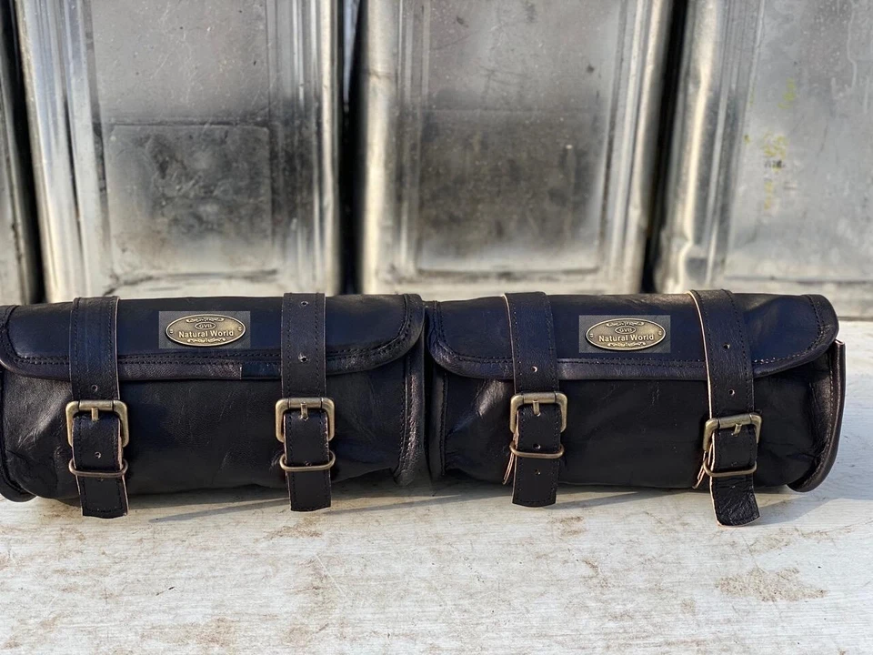 Leather Motorcycle Saddle Bags 4 Black Leather Side Pouch Panniers 4 Bags Combo - Image 3 of 4