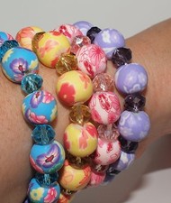 Stretch Bracelet Polymer Clay Beads Flower design Blue Purple Pink yellow