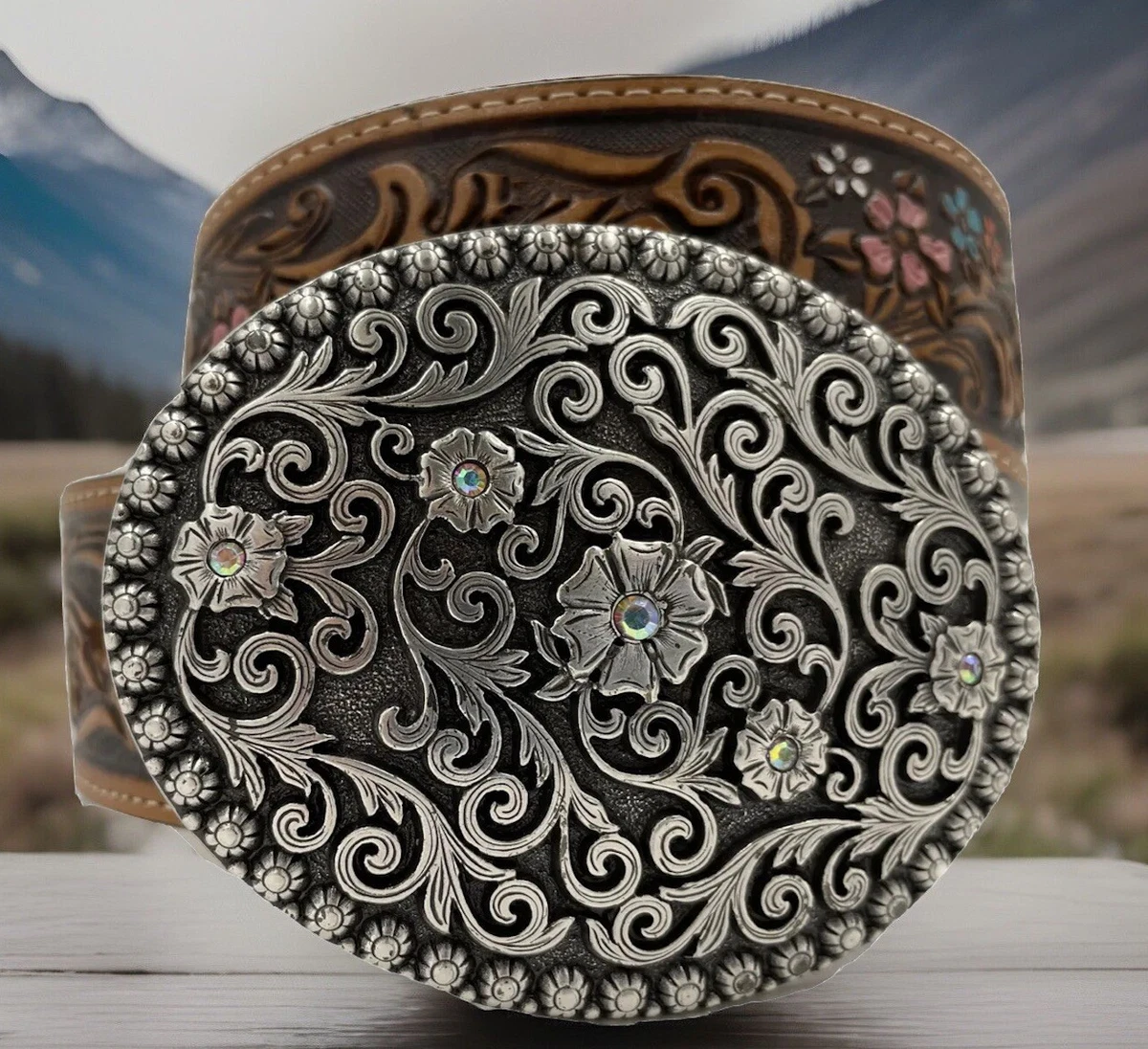 Women\'s Justin Boots Floral Brown Leather Belt Ornate Silver Buckle 38 Inches Justin Boots Cowboy Floral Belts for Women for sale | eBay main image 4