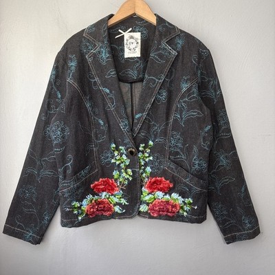 Graff Wear Floral Embroidered Jean Jacket Size Large Black Denim Y2K Indie Boho
