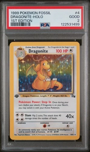 1999 POKEMON FOSSIL 1ST ED #4 DRAGONITE-HOLO PSA 2