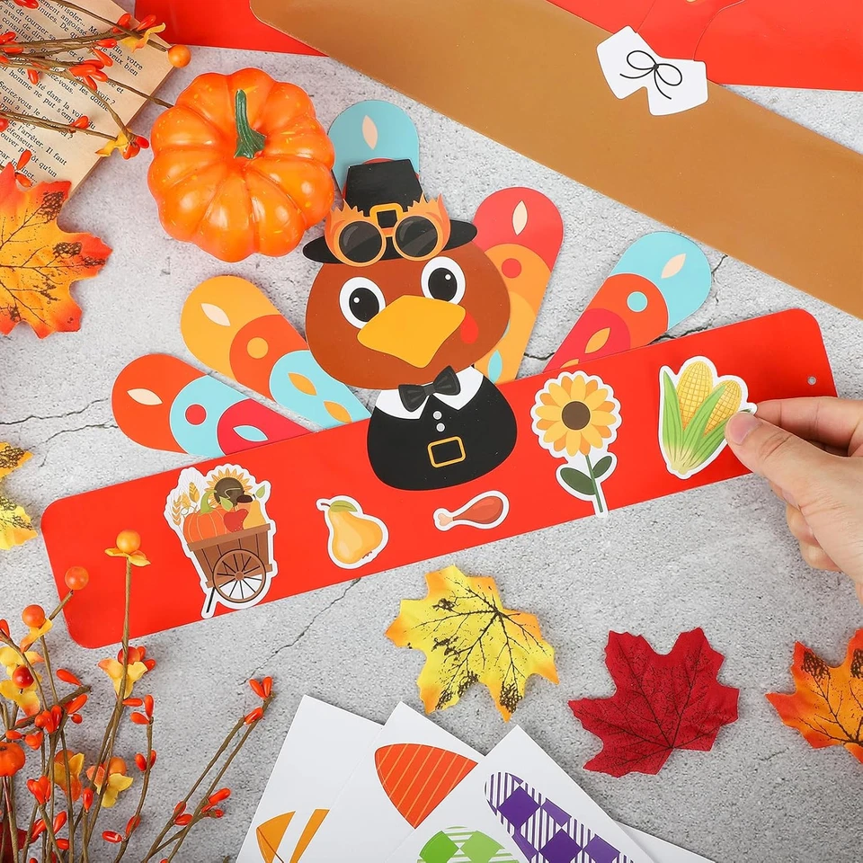 Kits de Artesanía de Acción de Gracias - Paquete de 12, Coronas de Pavo de Papel Ajustables Sombreros con Stic Foto 4 de 4