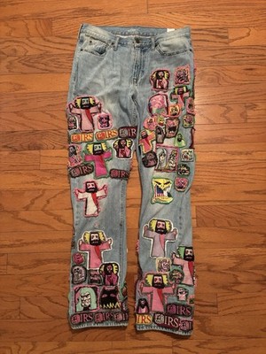 Crazy vintage Patchwork Embroidered Blue Denim Jeans Art Punk Style