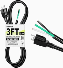 3 Ft 16/3 Appliance and Power Tool Cord, 16 AWG 3 Prong Black Heavy Duty Replace