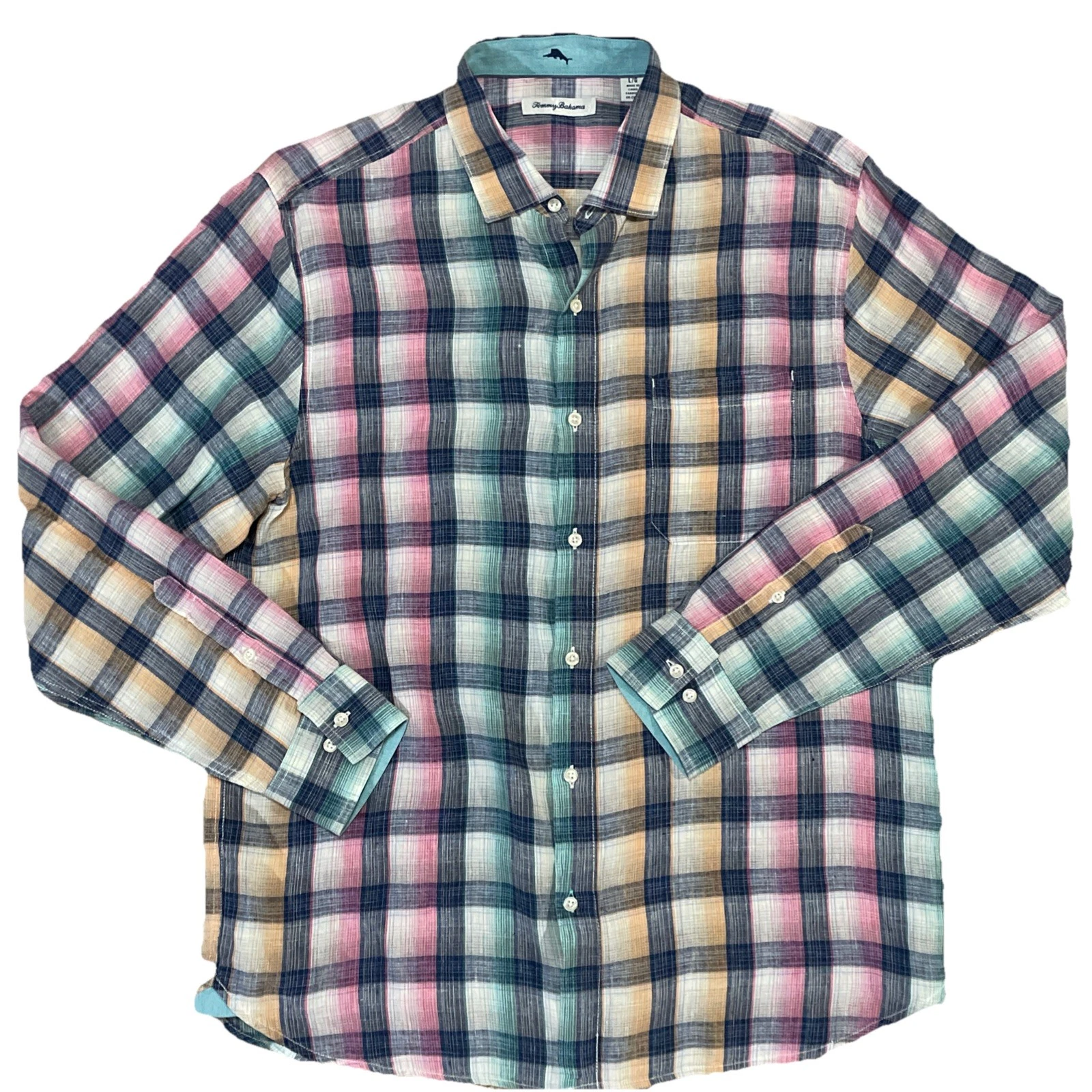 Tommy Bahama Linen Shirt Mens L Multicolor Plaid Button Up Beach Vacation