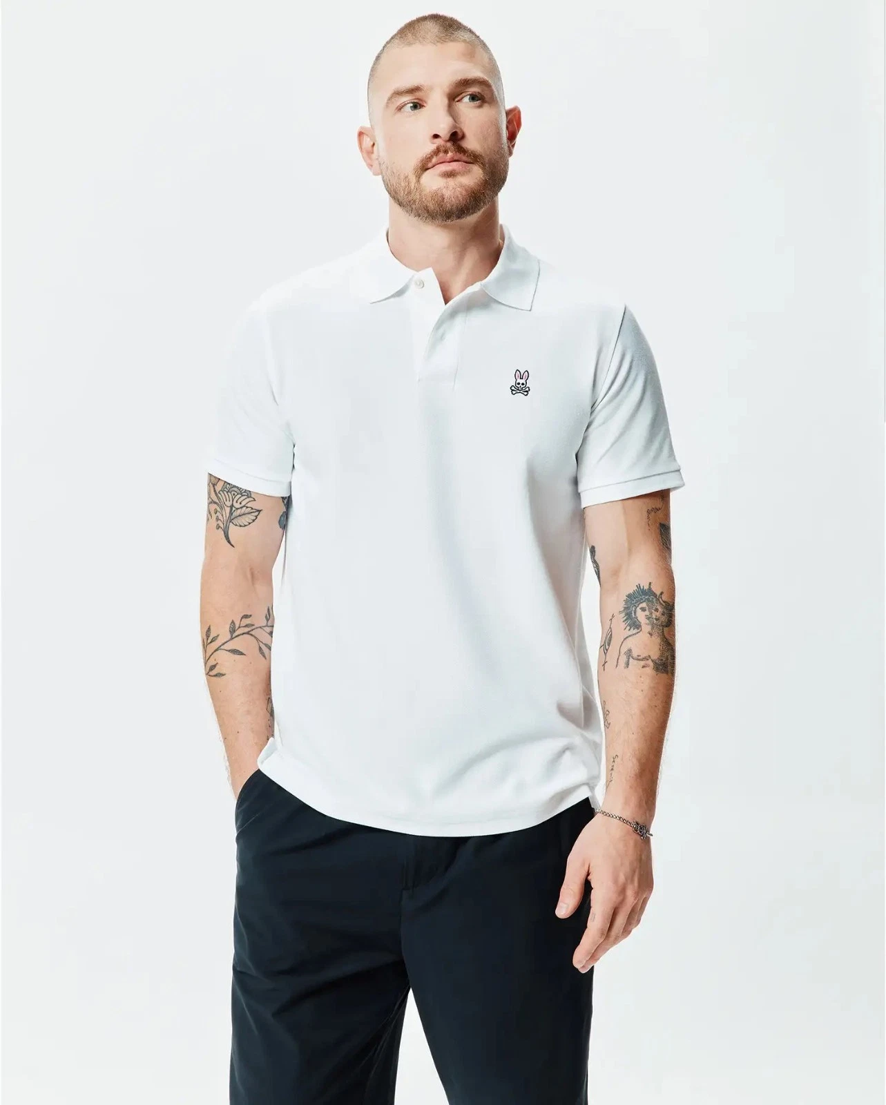 Psycho Bunny Classic Pique Polo Shirt Men's White 100% Pima Cotton Short Sleeve