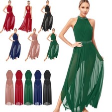 Womens Lyrical Dance Dress Side Split Dancewear Mesh Tulle Skirt Leotard Shiny